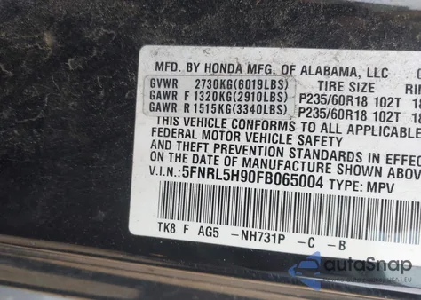 2015 Honda Odyssey Touring/Touring Elite from USA, damaged, VIN 5FNRL5H90FB065004